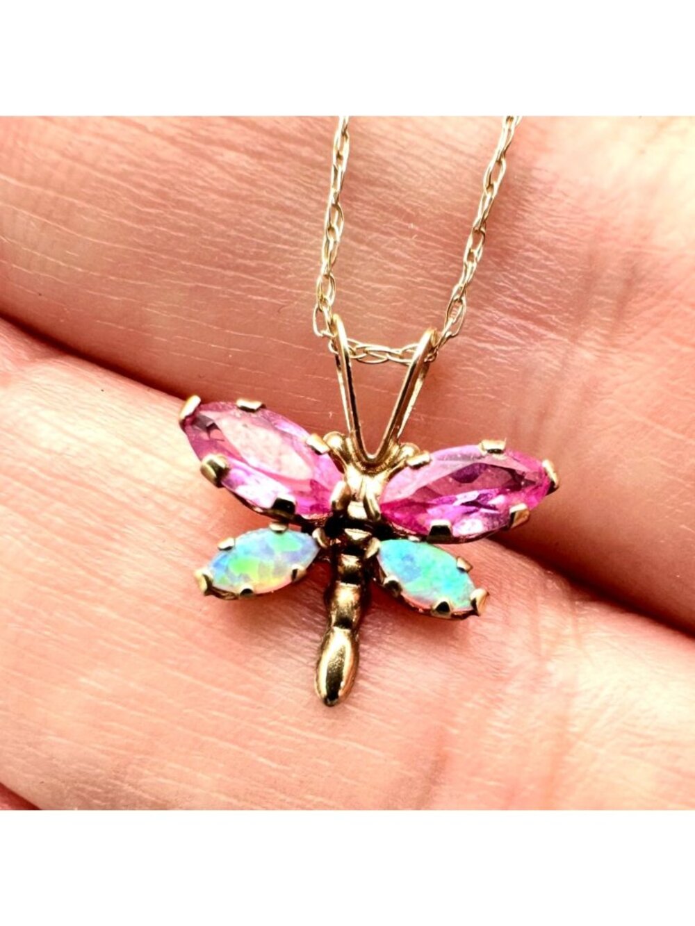 Womens Necklace 10K Yellow Pink Sapphire Opal Butterfly Pendant